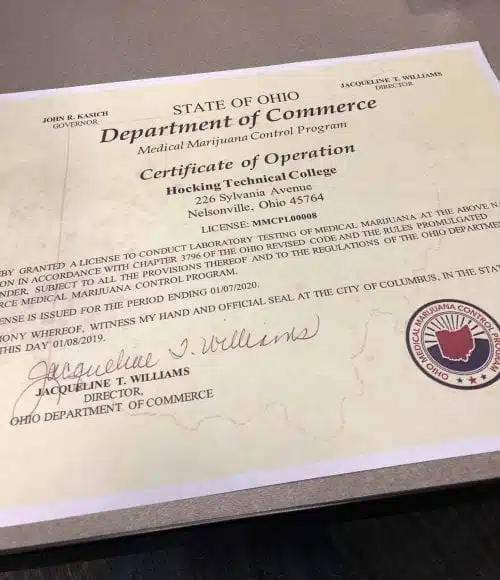 Hocking College Cannabis Analytical Lab Certificate of Operation