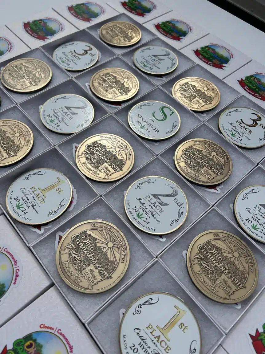 Home growers judging flower entries at the 2025 Ohio Farmers Cup during the OhioCannabis.com Festival in Frazeysburg.