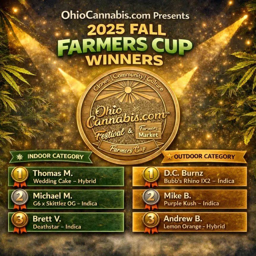 OhioCannabis.com 2025 Fall Farmers Cup Winners Flyer featuring Indoor and Outdoor category champions